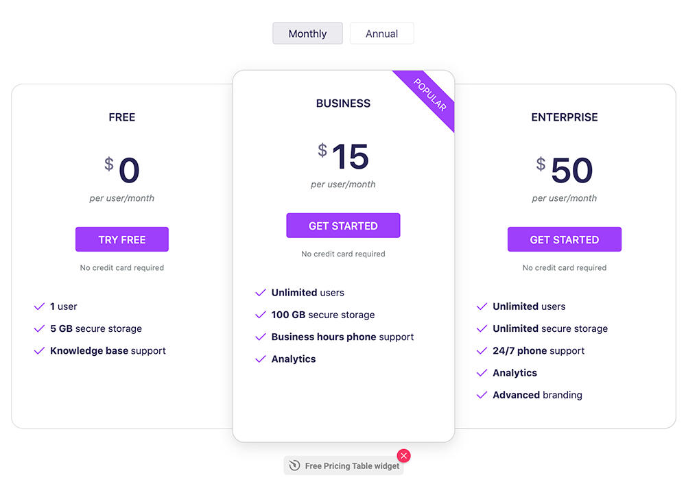 Elfsight pricing table